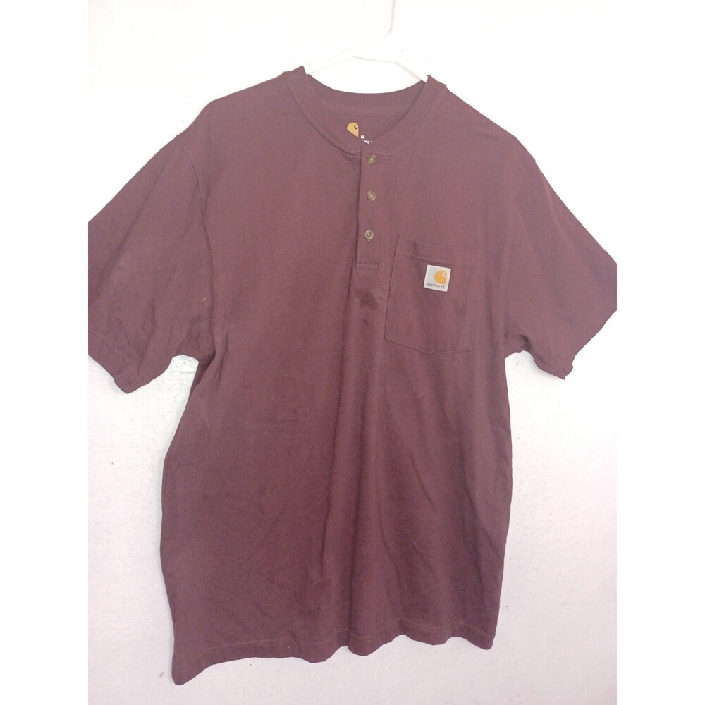 Carhartt Mens Henley T-Shirt Red Button Short Sleeve Crew Neck Pocket Size M